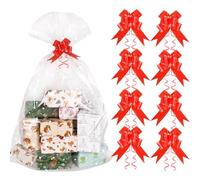 LOKIPA 10PCS Clear Cellophane Bags with Polka Dots, Extra Large Cellophane Wrap for Gift Baskets with 10 Red Bows for Gift Basket Wrap, Gift Giving, Holiday Party Favor Supplies (35X55Inches)