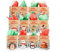 LOKIPA 12 Christmas Kraft Gift Bags with Assorted Tissue Paper and Gift Tag,Xmas Paper Bags with Handle for Christmas Goody