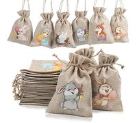 LOKIPA 12 Easter Jute Burlap Drawstring Bags, Small Easter Sweet Gift Bags for Kids Party Favor