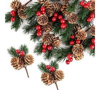 LOKIPA 12 PCS Artificial Picks Christmas Artificial Pine Cones Christmas Pine Needles with Berries for Xmas Flower Arrangements Wreaths Wedding Garden Tree Decorations