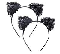 LOKIPA 2 Pieces Cat Ears Headband, Women's Sexy Black Lace Cat Ears Hair Band Accessories for Party Cosplay Halloween Costume
