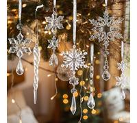 LOKIPA 20PCS Crystal Christmas Tree Ornaments, Hanging Acrylic Xmas Snowflake Icicle Drop Crystal Ornaments with Hooks for Christmas Tree Winter New Year Party and Home Decor
