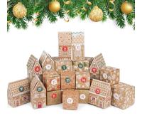 LOKIPA 24 Days Christmas Advent Calendar Boxes, Empty Xmas Kraft Paper Advent Gift Boxes Christmas Countdown House Shaped Boxes with Number Label Stickers for Holiday Party Decorations Supplies