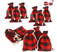 LOKIPA 24PCS Christmas Buffalo Plaid Drawstring Bags, Small Red and Black Design Mini Gift Bags for Xmas Wrapping Birthday Party Favors Supply