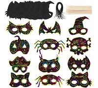 LOKIPA 24PCS Halloween Scratch Paper Art Masks - Halloween Skeleton Cat Pumpkin Bat Spider Decorations Craft for Kids and Adults