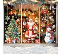 LOKIPA 4 Sheets Christmas Window Stickers, Merry Christmas Window Clings Extra Large Santa Claus Snowman Xmas Tree with Snowflakes for Winter Holiday Décor