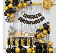LOKIPA Black Gold Birthday Decorations ,Happy Birthday Banner Tinsel Curtains Foil Hanging Crown and Star Balloons Tassel Ribbon for Man Women Birthday Party