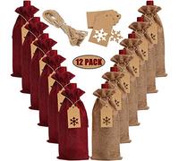 LOKIPA Burlap Wine Gift Bags, 12 Pcs Jute Wine Bottle Bags with Drawstring, Reusable Wine Bottle Covers with Snowflake Tags for Christmas