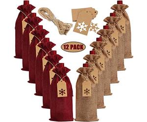 LOKIPA Burlap Wine Gift Bags, 12 Pcs Jute Wine Bottle Bags with Drawstring, Reusable Wine Bottle Covers with Snowflake Tags for Christmas