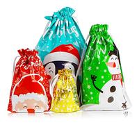 LOKIPA Christmas Drawstring Gift Bags, 30Pcs Assorted Sizes Christmas Foil Wrapping Bag for Xmas Holiday Presents Party Favor