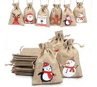 LOKIPA Christmas Jute Burlap Bags,12 pcs Xmas Jute Linen Burlap Drawstring Gift Treat Candy Bag for Xmas Favors