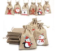 LOKIPA Christmas Jute Burlap Bags,24 Xmas Jute Linen Burlap Drawstring Gift Treat Candy Bag for Xmas Favors