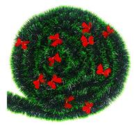 LOKIPA Christmas Tinsel Decorations,33 Feet Green Chunky Xmas Tinsel Garland with Bows for Christmas Tree