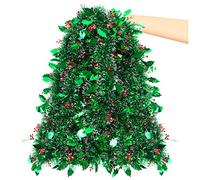 LOKIPA Christmas Tinsel Garland, 32.8 Ft Xmas Tinsel Decoration Metallic Green for Christmas tree Decoration with Red Berries
