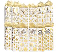 LOKIPA Christmas Wine Gift Bags,12 Pack Gold Foil Paper Wine Bottle Bags with Tissue Paper and Name Tags for Christmas, Wedding,Wine Tasting,Home Party