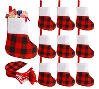 LOKIPA Small Christmas Stockings, 12 Pack Mini Christmas Stockings Red Buffalo Plaid Xmas Stockings Bulk with Plush Cuff for Christmas Tree Decor