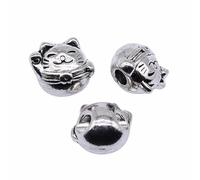 LOKLNEYK 10pcs 13x12mm Antique Silver Lucky Cat Big Hole Beads Charms