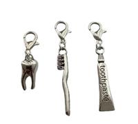 LOKLNEYK 2 Pcs Ancient Silver Tooth Toothbrush Toothpaste Planner Charm, Zipper Pull, Purse Charm, Stitch Marker
