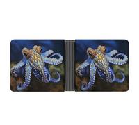 LOKLNEYK Blue Ringed Octopus Wallet Bifold Passcase Slim Wallet Leather Compact Credit Card Holder Front Pocket Cash Purse