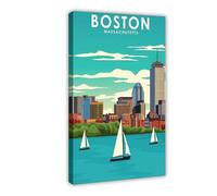 LOKLNEYK Boston Massachusetts Vintage Travel Canvas Poster Bedroom Decor Landscape Office Room Decor Gift 20x30inch(50x75cm)
