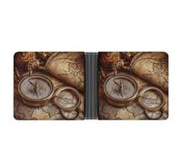 LOKLNEYK Compass And Old World Map Wallet Bifold Passcase Slim Wallet Leather Compact Credit Card Holder Front Pocket Cash Purse