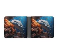 LOKLNEYK Dolphin On Coral Wallet Bifold Passcase Slim Wallet Leather Compact Credit Card Holder Front Pocket Cash Purse