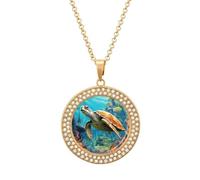 LOKLNEYK Dolphins Sea Turtle Coral Reef Necklace Round Coin Pendant Necklaces Charm Round Pendant Initial Necklaces Fashion Jewelry, One Size, Metal, No Gemstone