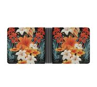 LOKLNEYK Flowers And Hawaiian Tribal Patterns on Black Background Wallet Bifold Passcase Slim Wallet Leather Compact Credit Card Holder Front Pocket Cash Purse
