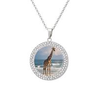 LOKLNEYK Giraffe on The Beach Necklace Round Coin Pendant Necklaces Charm Round Pendant Initial Necklaces Fashion Jewelry, One Size, Metal, No Gemstone