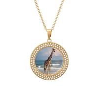 LOKLNEYK Giraffe on The Beach Necklace Round Coin Pendant Necklaces Charm Round Pendant Initial Necklaces Fashion Jewelry, One Size, Metal, No Gemstone