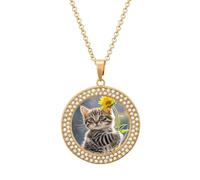 LOKLNEYK Kitten Hugging A Flower Necklace Round Coin Pendant Necklaces Charm Round Pendant Initial Necklaces Fashion Jewelry, One Size, Metal, No Gemstone