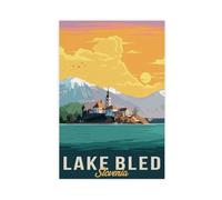LOKLNEYK Lake Bled Slovenia Vintage Travel Poster Canvas Poster Wall Art Decor Print Picture Paintings for Living Room Bedroom Decoration 12x18inch(30x45cm)