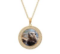 LOKLNEYK Otter Playing in The Water Necklace Round Coin Pendant Necklaces Charm Round Pendant Initial Necklaces Fashion Jewelry, One Size, Metal, No Gemstone