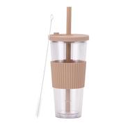 LOKLNEYK Plastic Cup Double Layer AS 700ml Large Straw Portable Outdoor Leisure Green(Brown)