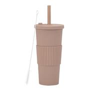 LOKLNEYK Plastic Cup Double Layer AS 700ml Large Straw Portable Outdoor Leisure Green(Brown1)