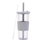 LOKLNEYK Plastic Cup Double Layer AS 700ml Large Straw Portable Outdoor Leisure Green(Gray)