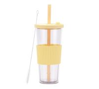 LOKLNEYK Plastic Cup Double Layer AS 700ml Large Straw Portable Outdoor Leisure Green(Light Yellow)