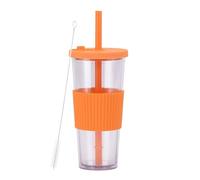 LOKLNEYK Plastic Cup Double Layer AS 700ml Large Straw Portable Outdoor Leisure Green(Orange)