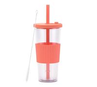 LOKLNEYK Plastic Cup Double Layer AS 700ml Large Straw Portable Outdoor Leisure Green(Orange red1)