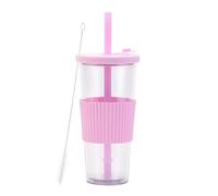 LOKLNEYK Plastic Cup Double Layer AS 700ml Large Straw Portable Outdoor Leisure Green(Pink4)