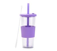 LOKLNEYK Plastic Cup Double Layer AS 700ml Large Straw Portable Outdoor Leisure Green(Purple6)