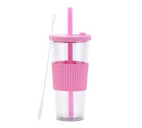 LOKLNEYK Plastic Cup Double Layer AS 700ml Large Straw Portable Outdoor Leisure Green(Rose red 2)
