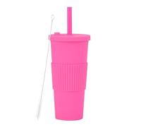 LOKLNEYK Plastic Cup Double Layer AS 700ml Large Straw Portable Outdoor Leisure Green(Rose red1)