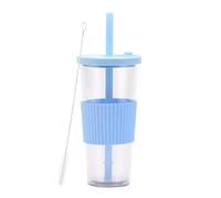 LOKLNEYK Plastic Cup Double Layer AS 700ml Large Straw Portable Outdoor Leisure Green(Sky Blue)