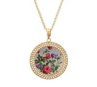 LOKLNEYK Red And Purple Roses Necklace Round Coin Pendant Necklaces Charm Round Pendant Initial Necklaces Fashion Jewelry, One Size, Metal, No Gemstone