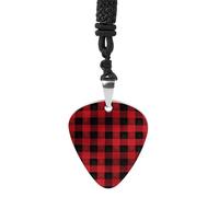 LOKLNEYK Red Black Buffalo Check Plaid Pattern Necklaces Guitar Pick Holder Pendant Necklace Stainless Steel R&B Music Jewelry for Music Lover