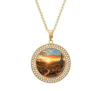 LOKLNEYK Saguaros at Sunset Necklace Round Coin Pendant Necklaces Charm Round Pendant Initial Necklaces Fashion Jewelry, One Size, Metal, No Gemstone