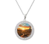 LOKLNEYK Saguaros at Sunset Necklace Round Coin Pendant Necklaces Charm Round Pendant Initial Necklaces Fashion Jewelry, One Size, Metal, No Gemstone