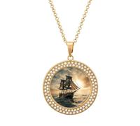 LOKLNEYK Ship Sailing Alone Necklace Round Coin Pendant Necklaces Charm Round Pendant Initial Necklaces Fashion Jewelry, One Size, Metal, No Gemstone