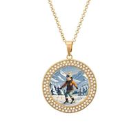 LOKLNEYK Skiing Theme Necklace Round Coin Pendant Necklaces Charm Round Pendant Initial Necklaces Fashion Jewelry, One Size, Metal, No Gemstone